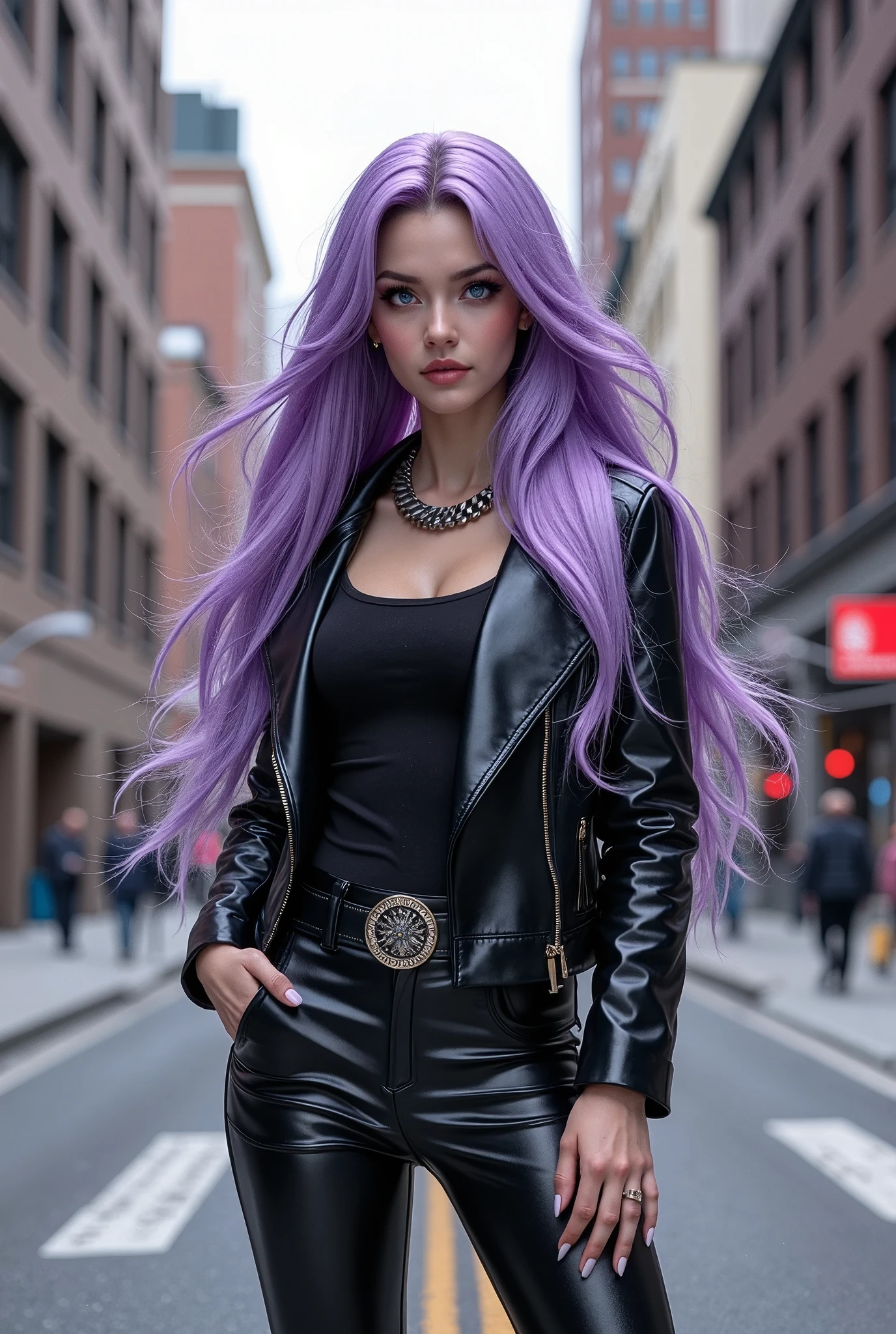 photography, Photorealistic, a young woman wearing leather jacket and leather pants, she standing in middle of the street, hand on pocket, long lavender color hair