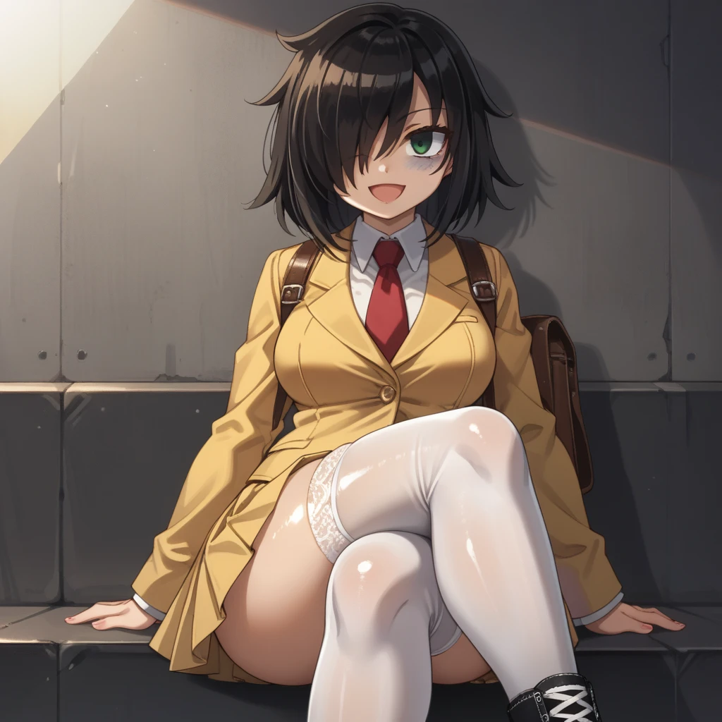 score_9, score_8_up, score_7_up,, solo, source_anime, tomokoxl, bags under eyes, hair over one eye black hair, medium hair, school uniform, red necktie, yellow skirt, short skirt, pleated skirt, yellow jacket, standing, cowboy shot, sitting, crossed legs, thick thighs, shiny skin, focus in crossed legs, underwear, white underwear, shiny underwear, lace underwear, white lace underwear, shiny lace underwear, panties, white panties, shiny panties, only crossed legs pose, sexy crossed legs, perfect crossed legs, sexy legs, big thighs, oiled thighs, oiled legs, smile, open mouth, glowing green eyes, evening time, dark room, breast, big breast, thigh highs, white thigh highs, lace thigh highs, converse, chuck taylor converse, black converse, backpack, leather backpack, brown backpack, focus in crossed legs, focus in legs,