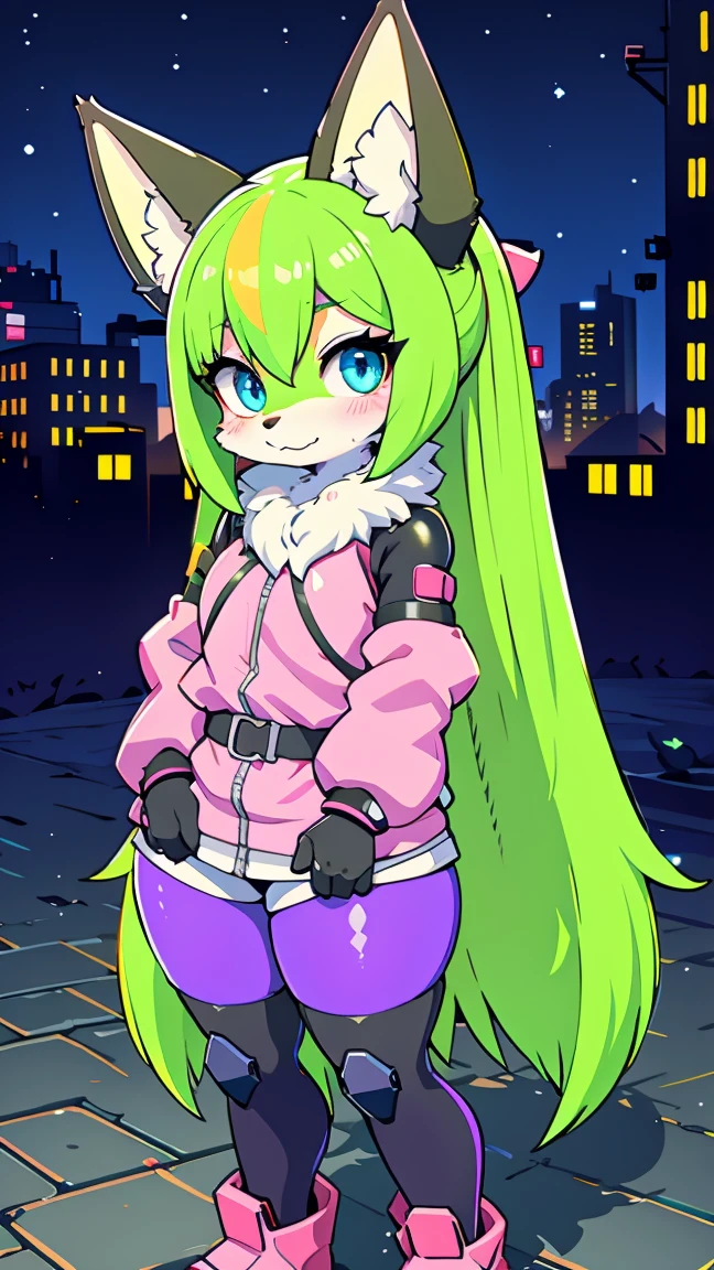 kawaii,  fluffy pink striped fox , green hair, blue eyes,  heterochromia, Alone, body hair, (at night,  deserted city with ruins  ),  synthetic fabric skin ,  cybernetic prosthesis ,  cybernetic prosthetic servo legs ,  digital headset with HUD , Mechanical Suit,  mech body parts ,  prosthetic arms Cybernetics , Blush, is shy, Slimmed down,  large purple long blouse with ribbons  ,  thick brown pantyhose  ,  neon tennis leggings with black  ,  loose long sleeve pink jacket , Mechanical boots, just a fluffy tail, loose sleeves,  digital screen gloves ,  chest vests , tactical belts , blue archival halo glove ,