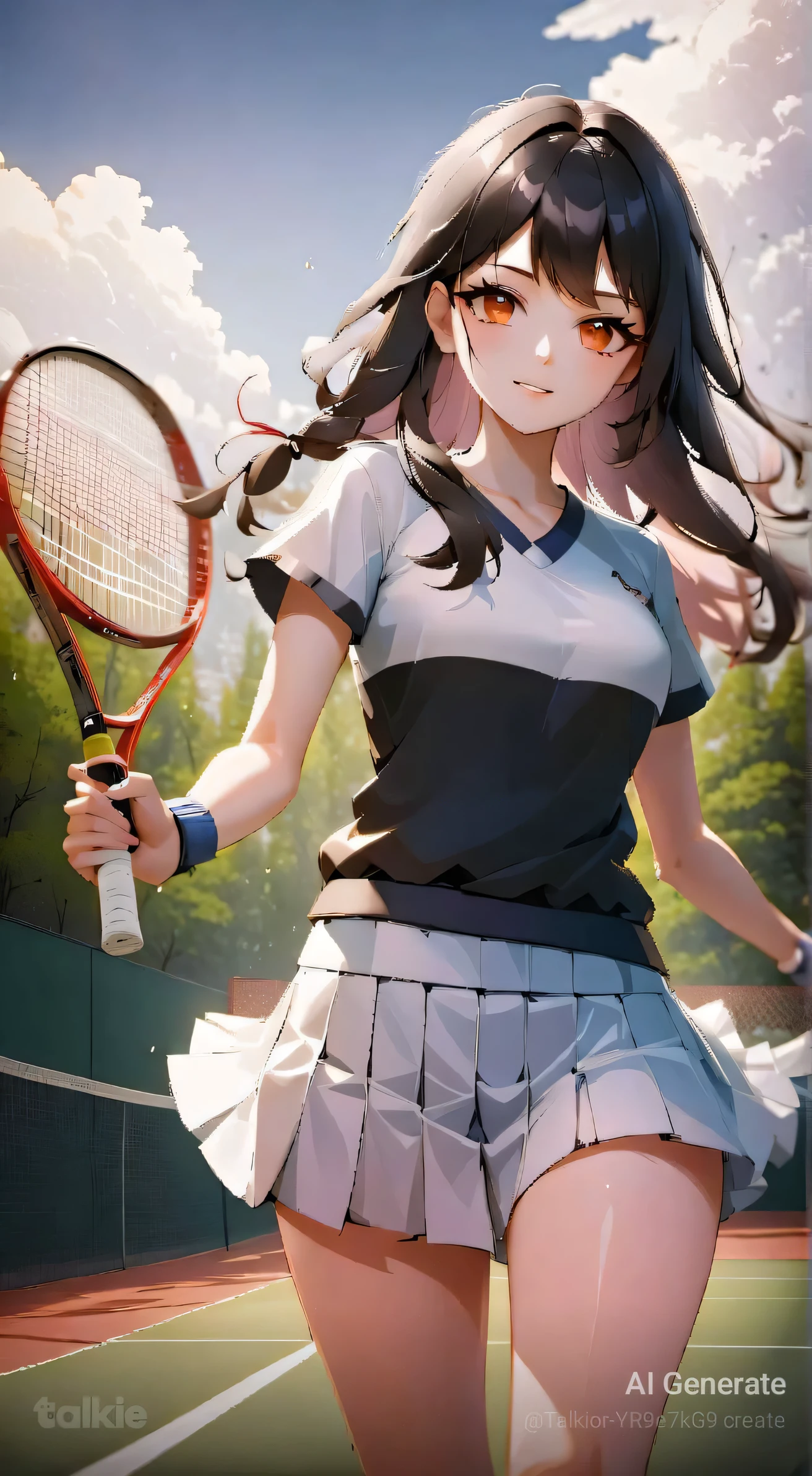 Masterpiece, Photorealistic, Ultra detail, 8K quality, girl wearing hoodie, Leaning on the tennis net, Tuck one hand into your pocket, Her other hand grabbed her hair, Stand sideways and look, Side face, Hair forward, Gray hoodie,The tennis racket rests on the leg