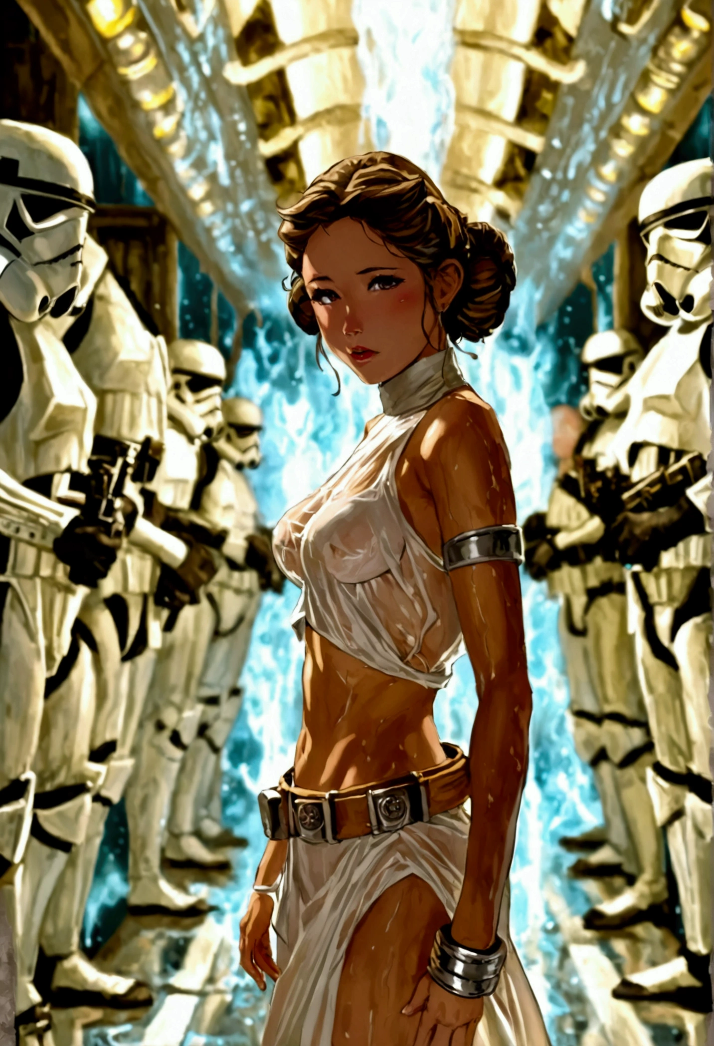 A cute yuna in the role of princess Leia (age 25, (big breasts 1.2), big butt, slim waist, sheer white dress no underwear, unshaved), is a prisoner on the Death Star being forcefully led to a high technology scary torture chancer, dangerous storm troopers restrain her arms and legs, a Very aroused Darth Vader prepares her BDSM torture, damsel rape, damsel peril, BDSM
