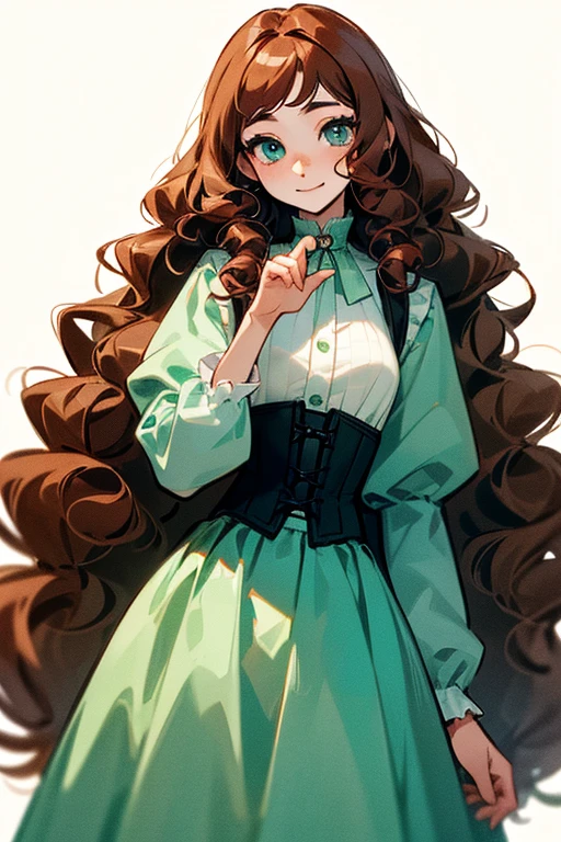 ((Masterpiece: 1.5, Best Quality, High Resolution: 1.3, Super Resolution, Super Detailed, Ultra Detailed: 1.3, Perfect Anatomy:1.5, 1 Female) Pale skin + long curly red hair, very long, very long curly hair + green eyes + long eyelashes + feminine figure (elegant clothing, corset, elegant wide sleeves, long skirt, calm aura) ((beautiful eyes, cheerful expression))