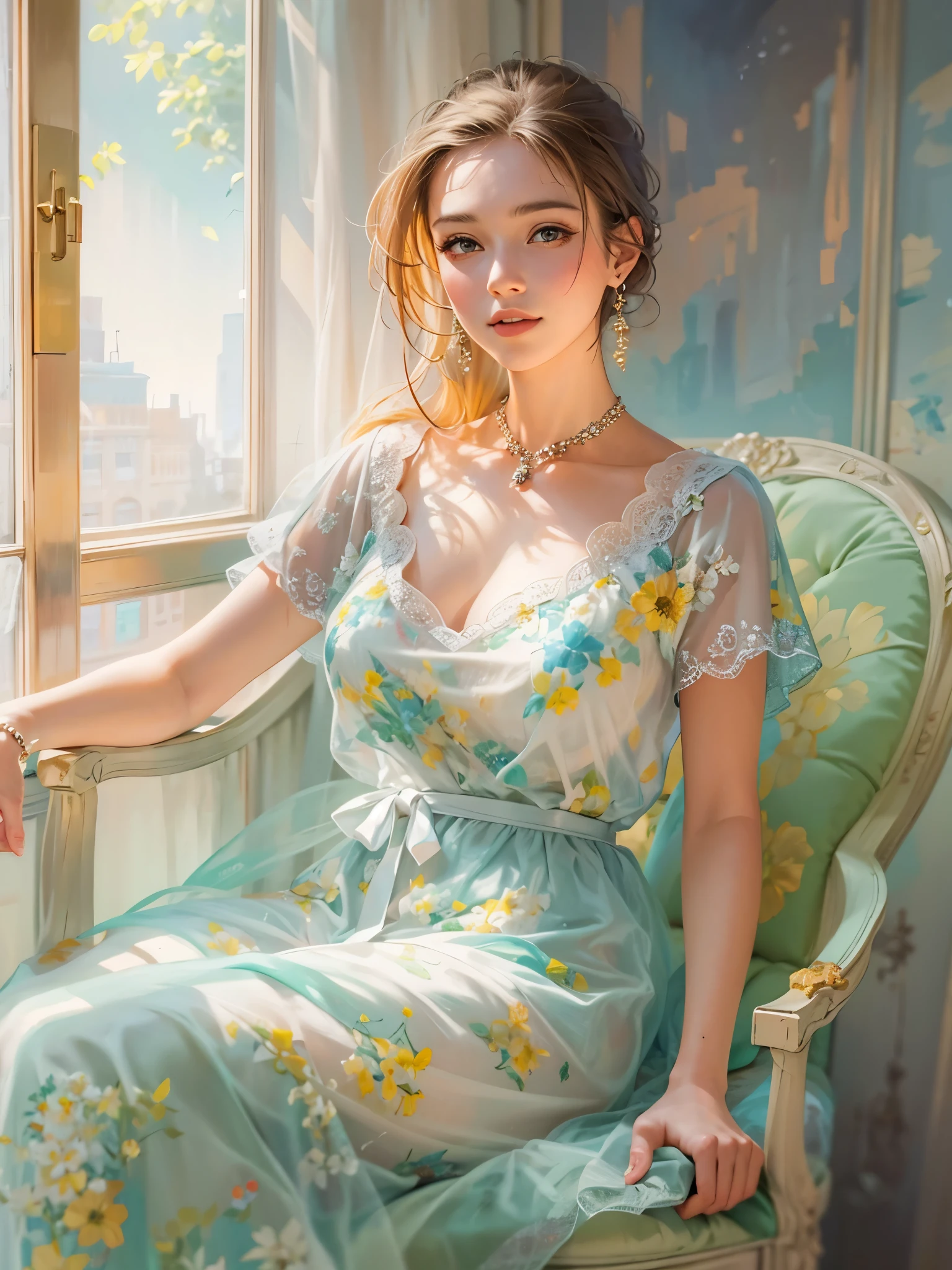(best quality), (masterpiece), (1girl), solo, beautiful girl, perfect face, perfect body, big breast, sexy dress, indoor, sitting on the chair, watercolor, posing like model, unfinish, simple background, full body portrait, sunny window, pastel color, Monet style color