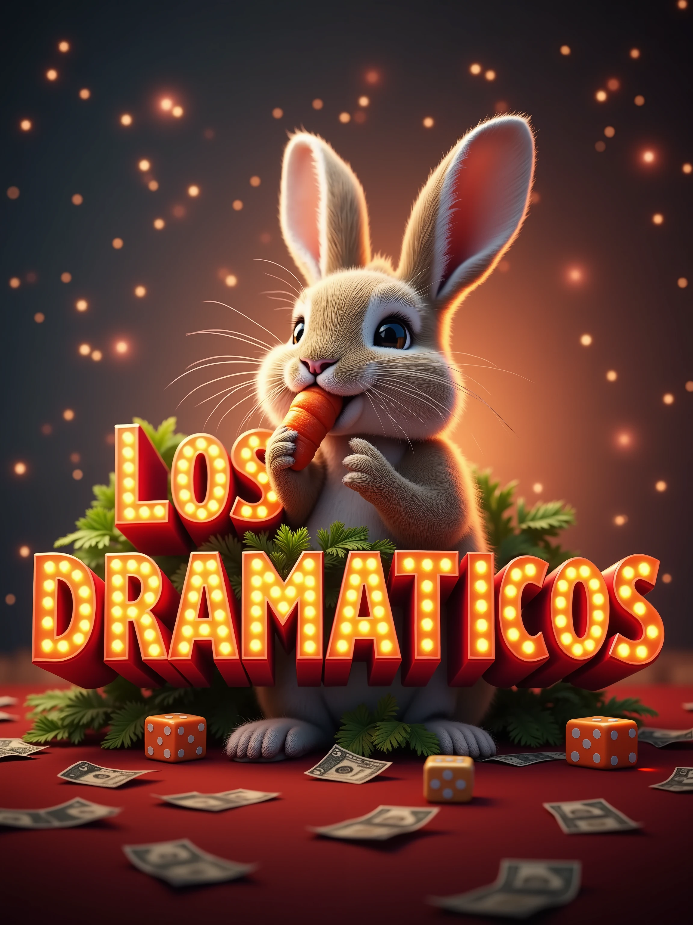 high definition image , ,  THE TEXT WITH WELL-DEFINED COLORS(  MAXIMUM DEFINITION IN DETAIL ) el texto debe decir Los Dramaticos  ((( Los Dramaticos  )))  ACCOMPANIED BY LUDO'S PAWNS AND GIANT DICE, with a striking background (( casino )) WITH LOTS OF VISUAL EFFECTS AND LIGHTS, FICHAS DE casino,  giant Ludo pawns , giant dice ,  money and fireworks and above the text a BABY RABBIT EATING CARROTS, WITH A LOT OF SHINE
