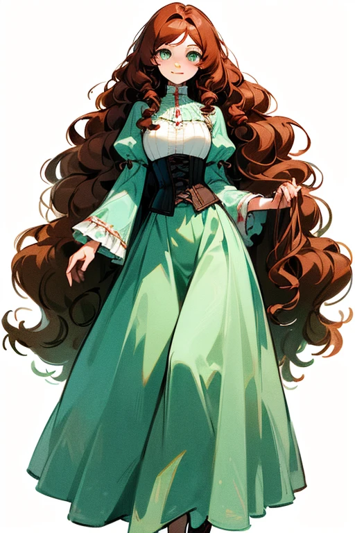 ((Masterpiece: 1.5, Best Quality, High Resolution: 1.3, Super Resolution, Super Detailed, Ultra Detailed: 1.3, Perfect Anatomy:1.5, 1 Female) Pale skin + long curly red hair, very long, very long curly hair + green eyes + long eyelashes + feminine figure (elegant clothing, corset, elegant wide sleeves, long skirt, calm aura) ((beautiful eyes, cheerful expression))