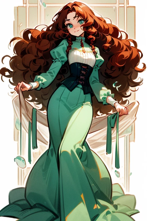 ((Masterpiece: 1.5, Best Quality, High Resolution: 1.3, Super Resolution, Super Detailed, Ultra Detailed: 1.3, Perfect Anatomy:1.5, 1 Female) Pale skin + long curly red hair, very long, very long curly hair + green eyes + long eyelashes + feminine figure (elegant clothing, corset, elegant wide sleeves, long skirt, calm aura) ((beautiful eyes, cheerful expression))