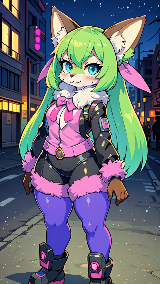 kawaii,  fluffy pink striped fox , green hair, blue eyes,  heterochromia, Alone, body hair, (at night,  deserted city with ruins  ),  synthetic fabric skin ,  cybernetic prosthesis ,  cybernetic prosthetic servo legs ,  digital headset with HUD , Mechanical Suit,  mech body parts ,  prosthetic arms Cybernetics , Blush, is shy, Slimmed down,  large purple long blouse with ribbons  ,  thick brown pantyhose  ,  neon tennis leggings with black  ,  loose long sleeve pink jacket , Mechanical boots, just a fluffy tail, loose sleeves,  digital screen gloves ,  chest vests , tactical belts , blue archival halo glove ,