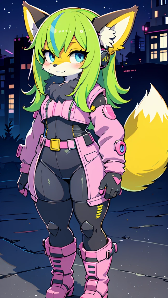 kawaii,  fluffy pink striped fox , green hair, blue eyes,  heterochromia, Alone, body hair, (at night,  deserted city with ruins  ),  synthetic fabric skin ,  cybernetic prosthesis ,  cybernetic prosthetic servo legs ,  digital headset with HUD , Mechanical Suit,  mech body parts ,  prosthetic arms Cybernetics , Blush, is shy, Slimmed down,  large purple long blouse with ribbons  ,  thick brown pantyhose  ,  neon tennis leggings with black  ,  loose long sleeve pink jacket , Mechanical boots, just a fluffy tail, loose sleeves,  digital screen gloves ,  chest vests , tactical belts , blue archival halo glove ,