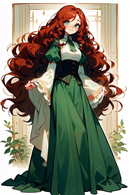 ((Masterpiece: 1.5, Best Quality, High Resolution: 1.3, Super Resolution, Super Detailed, Ultra Detailed: 1.3, Perfect Anatomy:1.5, 1 Female) Pale skin + long curly red hair, very long, very long curly hair + green eyes + long eyelashes + feminine figure (elegant clothing, corset, elegant wide sleeves, long skirt, calm aura) ((beautiful eyes, cheerful expression))