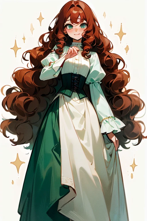 ((Masterpiece: 1.5, Best Quality, High Resolution: 1.3, Super Resolution, Super Detailed, Ultra Detailed: 1.3, Perfect Anatomy:1.5, 1 Female) Pale skin + long curly red hair, very long, very long curly hair + green eyes + long eyelashes + feminine figure (elegant clothing, corset, elegant wide sleeves, long skirt, calm aura) ((beautiful eyes, cheerful expression))