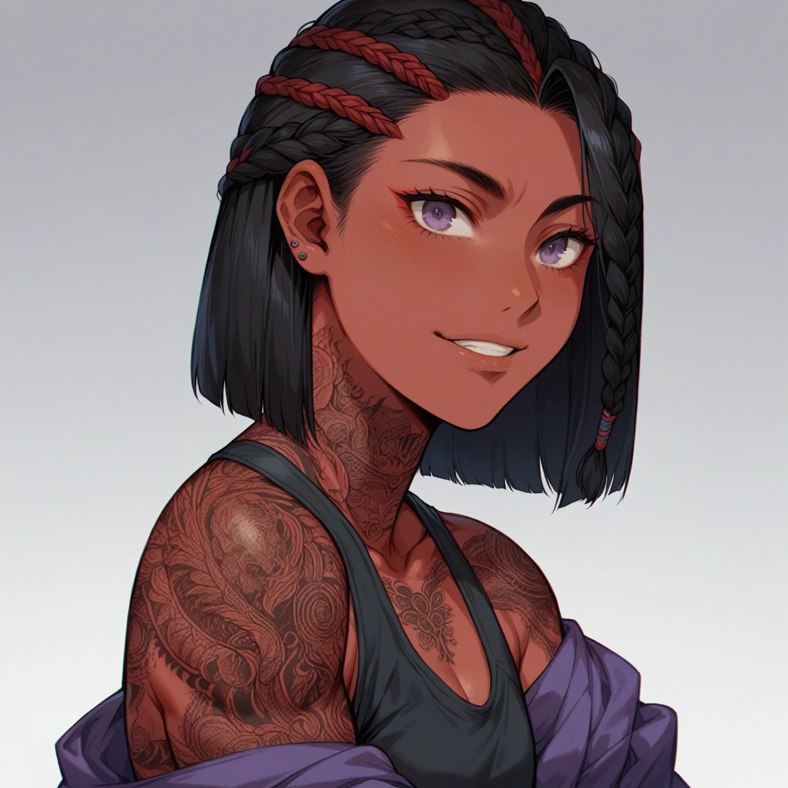 Yusuke Murata style,young woman with red skin but black hair cut in a braided bob ,african braid,and purple eyes puts on a streetwear , athletic, street tattoos. smiled , athletic body, muscular developed