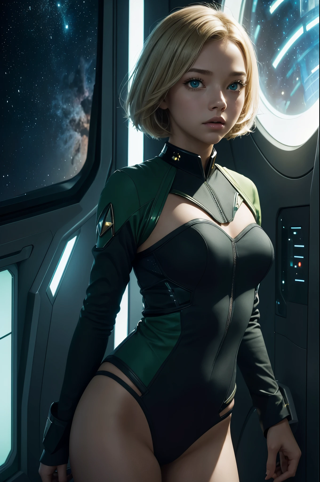 High Detail, Ultra Detail, 8K, Ultra High Resolution there are one cute and innocent girls, 16yo, blonde short hair, green eyes, say hello to first officer Leonard Nimoi (Spook in the star trek tv series) inside a spaceship, adding to the playful atmosphere, (masterpiece), the best quality, expressive eyes, perfect face, Star Trek style. corset, cleavage, low key light, dark background, neon glow
(masterpiece), excellent quality, expressive eyes, perfect face