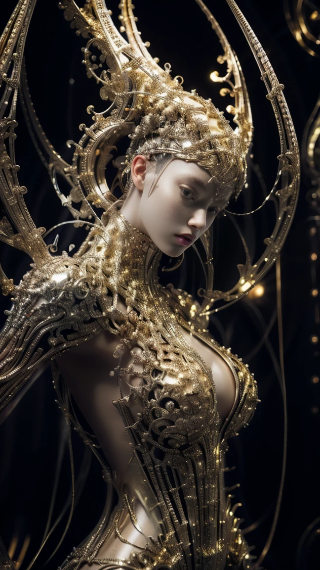 girl with futuristic mechanical armor in black and with gold metallic details,  body image of legs upwards , open legs,  very thick vagina showing ,  thick and muscular legs and arms ,  big breasts,  semi-mechanical semi-human design , Korean girl's face , spectacular bottom angle,  movie lighting ,  intricate and highly detailed mechanical details ., sharp focus,   photorealistic hoodie  , 8K,  masterpiece,  Very detailed and well-defined face .,