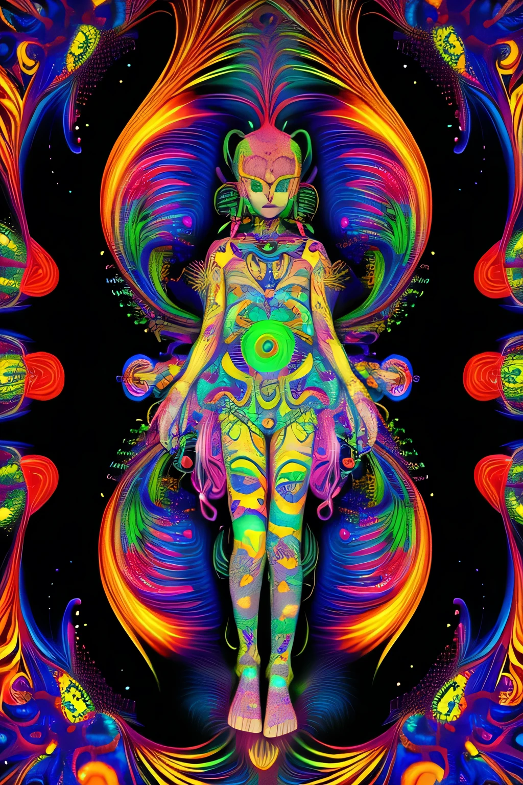 astral body, chaos atmosphere, psychedelic alien realm elfs,mushrooms,naked beautiful girl