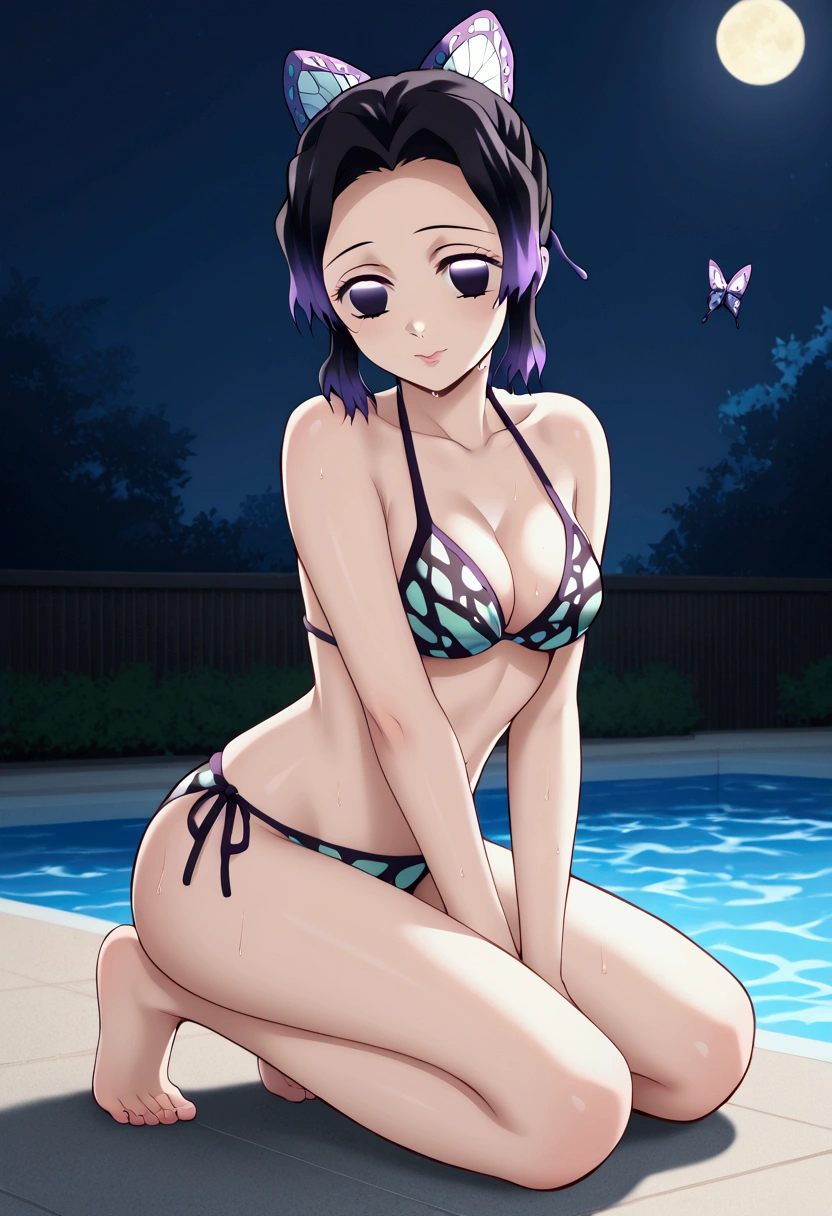 KShinobuXLV4, animal print, black hair, butterfly, butterfly hair ornament, butterfly print, forehead, gradient hair, hair ornament, multicolored hair, parted bangs, purple hair, short hair, two-tone hair, nude, Bikini Swimwear, sexy pose, blush, shy, Pose seductively, Posing provocatively, Wet body, Sexy lips, pool, night, full body, looking at viewer, Body tingling,