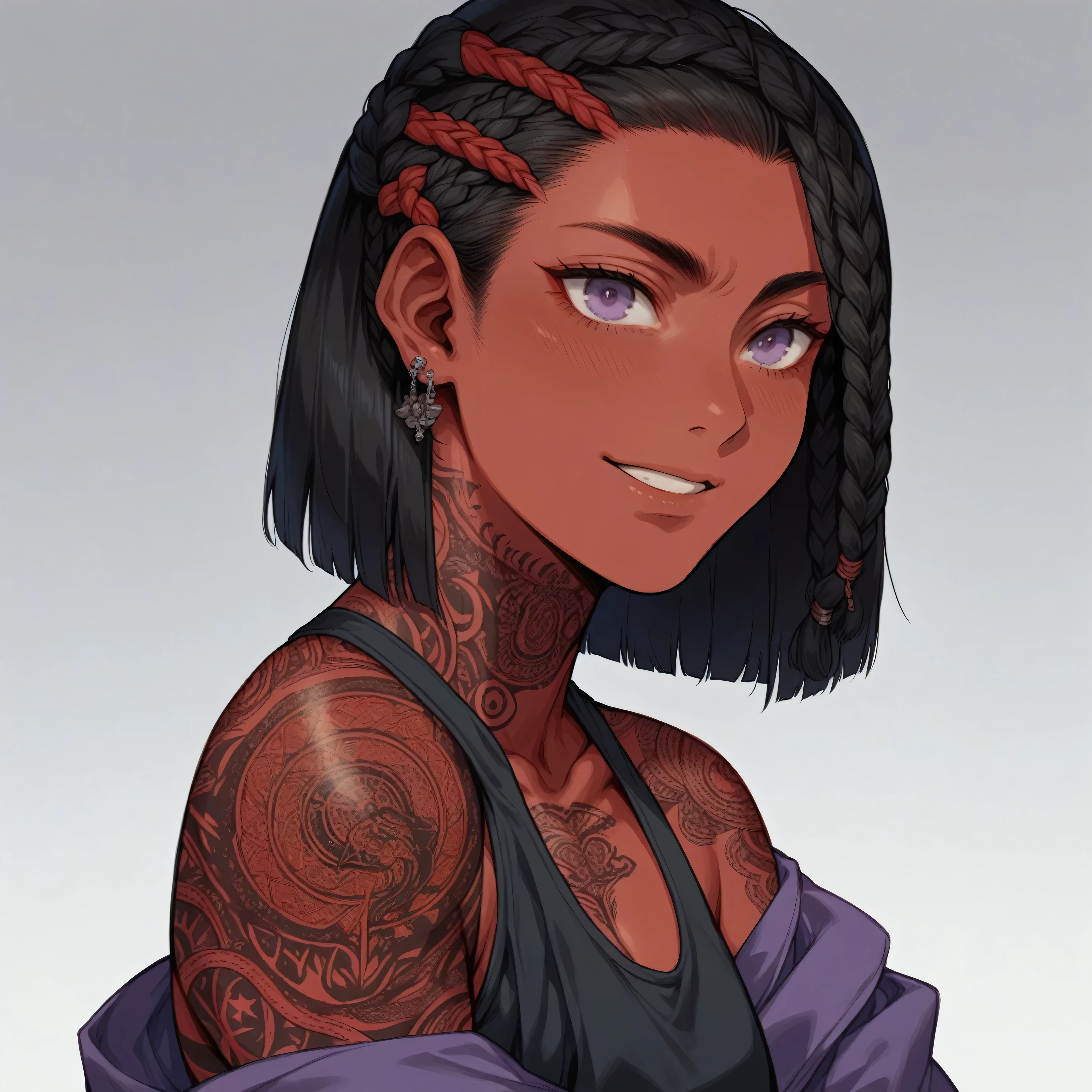 Yusuke Murata style,young woman with red skin but black hair cut in a braided bob ,african braid,and purple eyes puts on a streetwear , athletic, street tattoos. smiled , athletic body, muscular developed