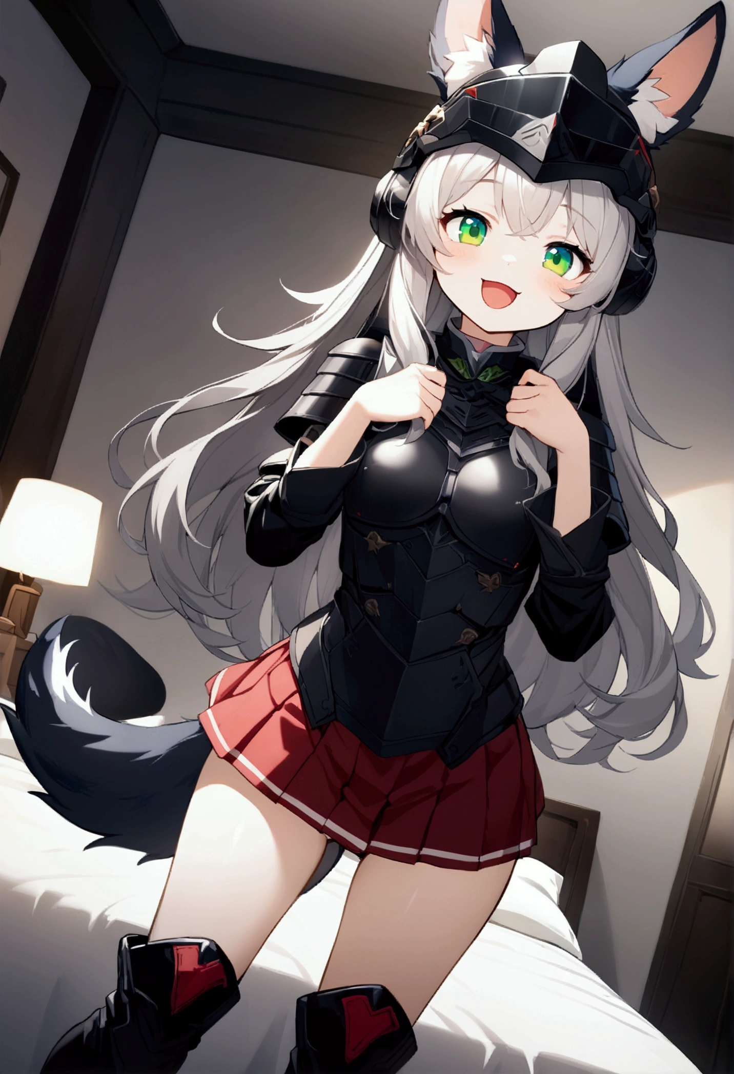 1 girl 、cute、green eyes,Gray Hair,Long Hair,  furry  ,Animal ears,helmet,Tail,  Mini Pleated Skirt  , masterpiece、Noise Reduction、 Perfect Anatomy、 High Resolution 、Super detailed、Game CG、 Dutch angle、  BEAUTIFUL DETAILS  、Visual Arts、Perfect hands、 perfect lighting、steam、smile、 open your mouth、Bedroom、black armor boots