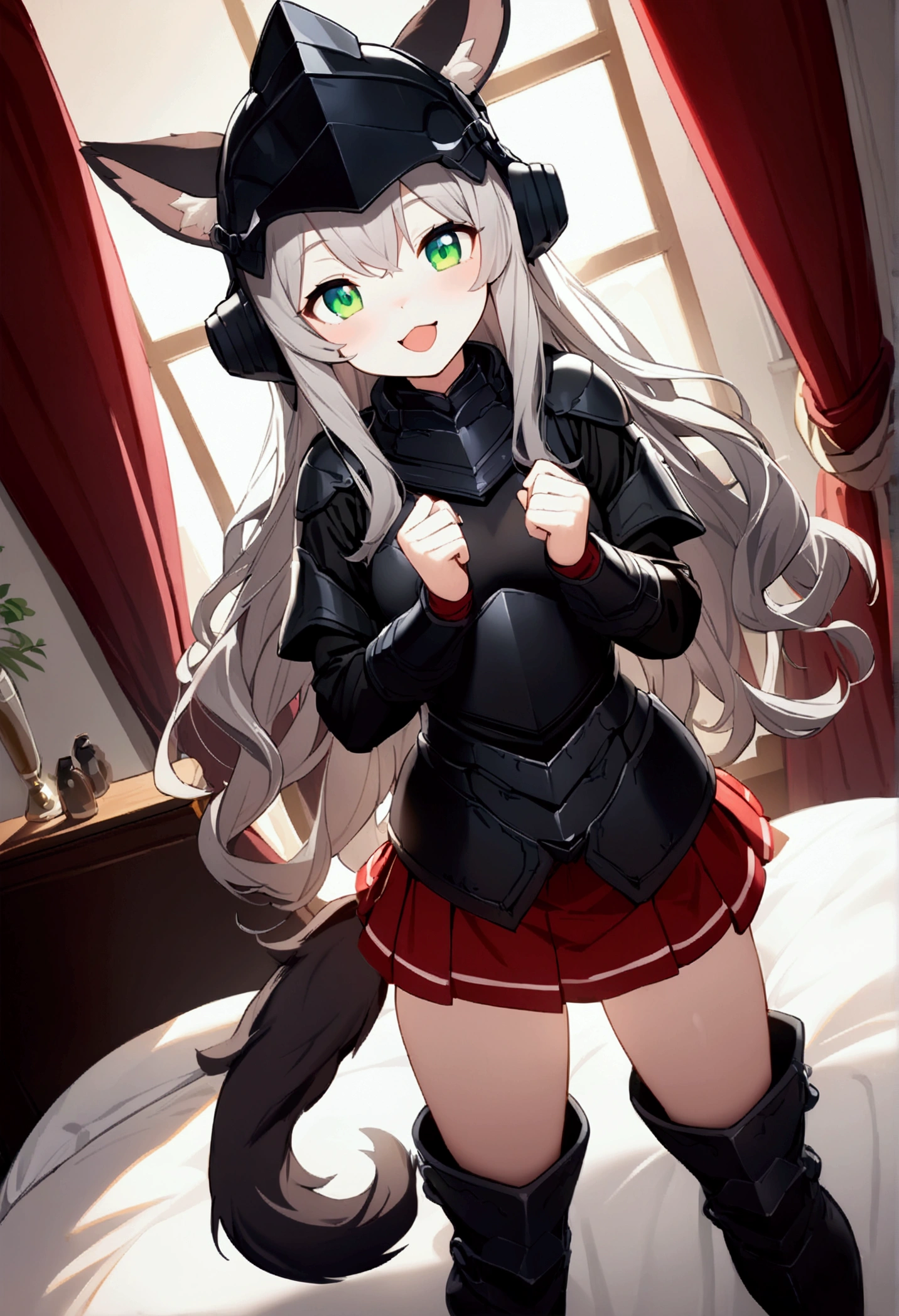 1 girl 、cute、green eyes,Gray Hair,Long Hair,  furry  ,Animal ears,helmet,Tail,  Mini Pleated Skirt  , masterpiece、Noise Reduction、 Perfect Anatomy、 High Resolution 、Super detailed、Game CG、 Dutch angle、  BEAUTIFUL DETAILS  、Visual Arts、Perfect hands、 perfect lighting、steam、smile、 open your mouth、Bedroom、black armor boots