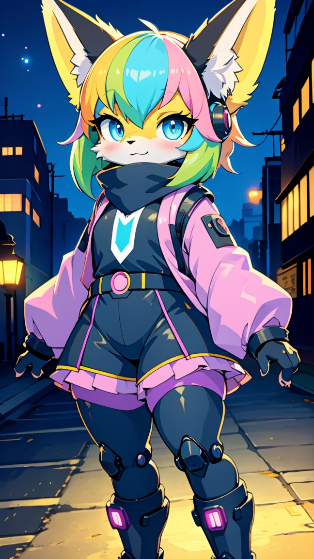 kawaii,  fluffy pink striped fox , green hair, blue eyes,  heterochromia, Alone, body hair, (at night,  deserted city with ruins  ),  synthetic fabric skin ,  cybernetic prosthesis ,  cybernetic prosthetic servo legs ,  digital headset with HUD , Mechanical Suit,  mech body parts ,  prosthetic arms Cybernetics , Blush, is shy, Slimmed down,  large purple long blouse with ribbons  ,  thick brown pantyhose  ,  neon tennis leggings with black  ,  loose long sleeve pink jacket , Mechanical boots, just a fluffy tail, loose sleeves,  digital screen gloves ,  chest vests , tactical belts , blue archival halo glove ,