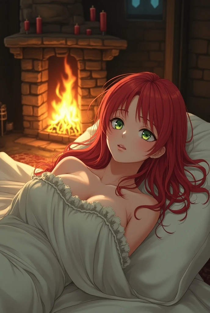 In the middle of the silent night, a beautiful room is located by the seashore. Red-haired girl lay on the bed. The large, open windows let in the soft moonlight into the room, illuminating every corner with light