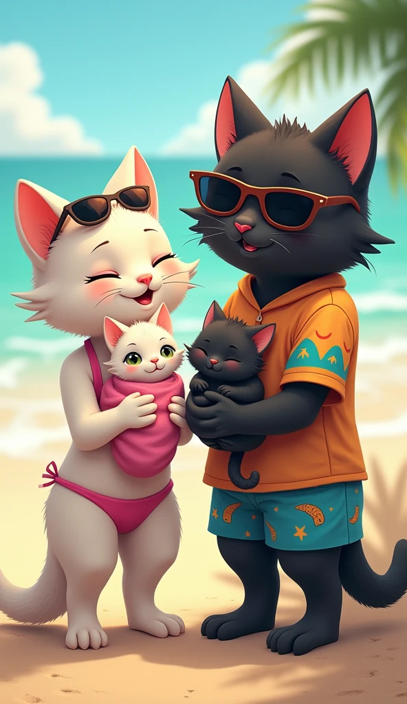 A high-quality photo of an anthropomorphic black cat and grey cat, standing as humans with furry bodies, relaxing at the beach. The female black cat, with smooth, dark fur, is wearing yoga pants and a fitted tank top, while the male grey cat, with a thick, plush fur coat, is in athletic shorts and a sleeveless shirt. They are both sitting on beach towels, with the black cat holding a beach ball and the grey cat enjoying an ice cream cone. The background shows a serene beach setting with the ocean and a clear blue sky, and the light casts soft shadows on their fur, adding depth and realism to the scene.
