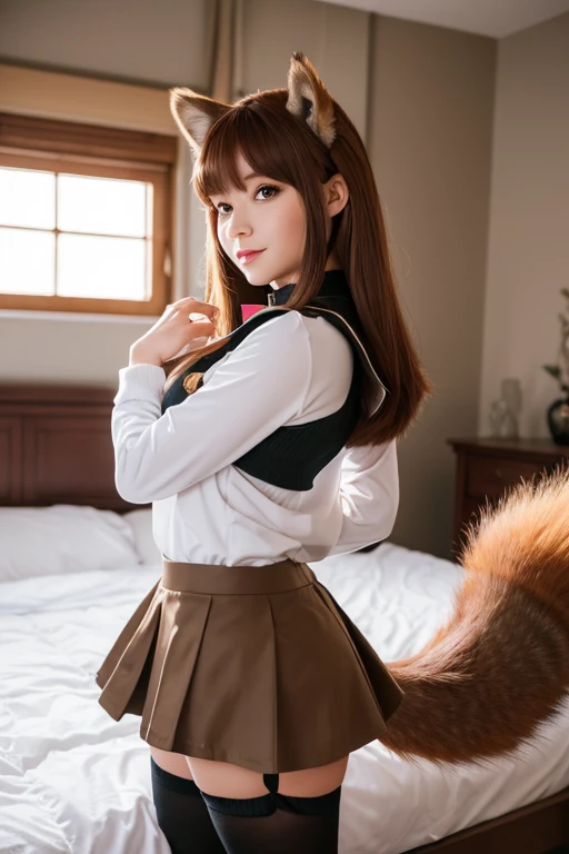 ((Highest quality, 32k)), ((masterpiece)), (Familiar), Perfect Face, School Girl, pretty girl, On the bed, She has a bushy tail, (She has a red fox tail.:1.3), She stands up her fluffy tail, Beautiful hip line, Small breasts, She is wearing a cute  uniform, A large tail sticks out, Climbing on all fours, Slender body, She looks shyly at her tail, Her tail pushes up her skirt to reveal her white panties, (A single red fox tail protrudes from the hem of her skirt.:1.3), Embarrassed face