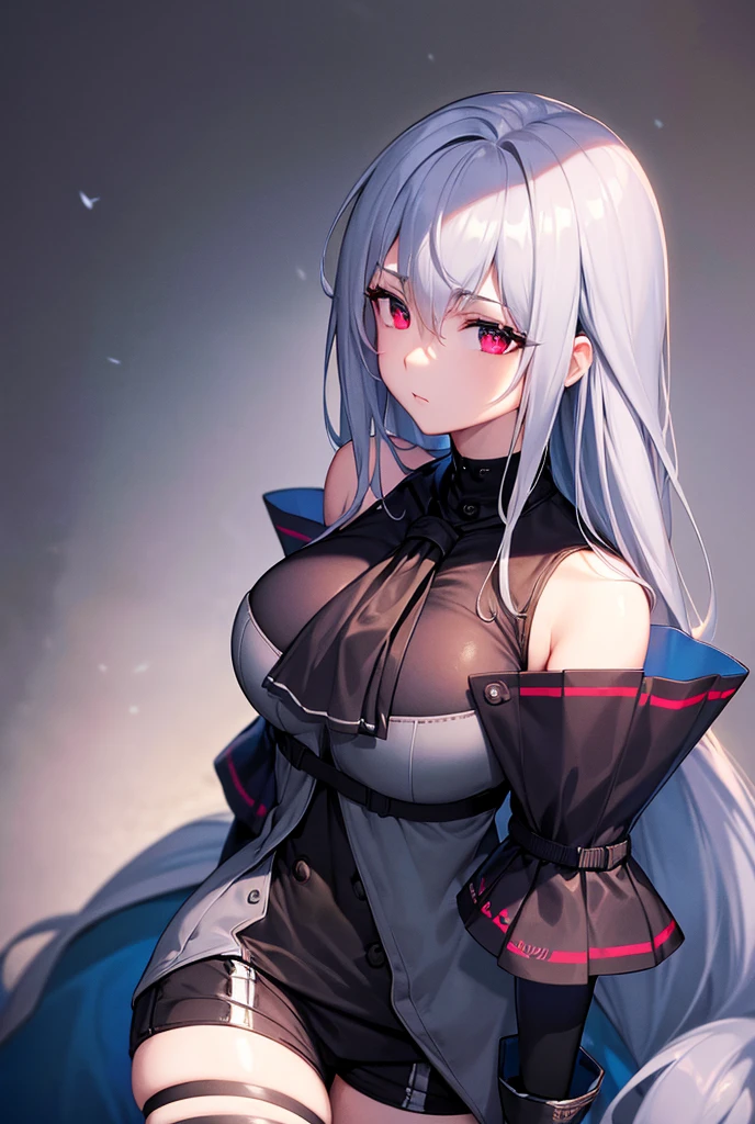 ((masterpiece)),((Best Quality)), High Resolution ,High-definition CG, perfect lighting,8K wallpaper,  standing, One Woman, Skadielite , black shirt, black ascot, detached sleeves, gloves, black pants, thigh cutout, bare shoulders, ( highly detailed eyes), ( beautiful eyes), (( very detailed faces )),