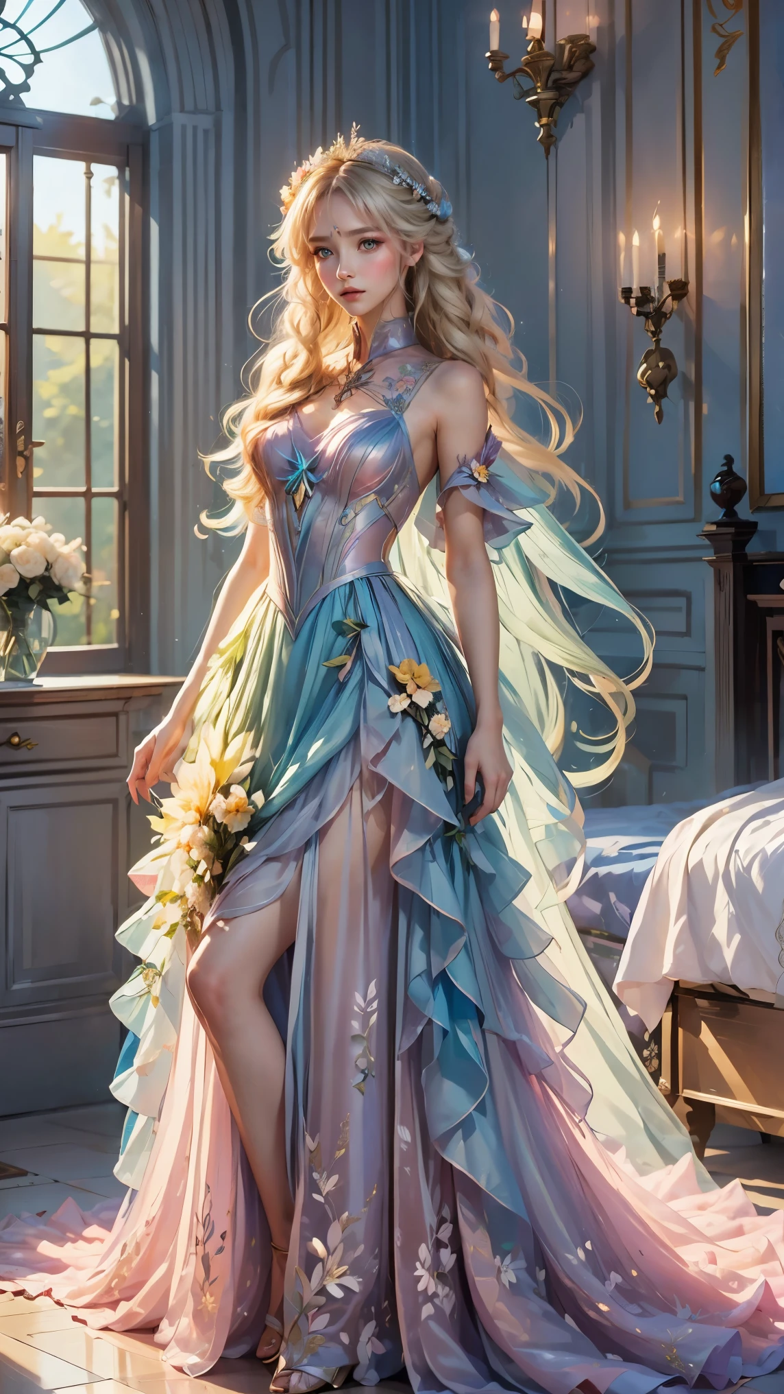 "A vibrant and glamorous Barbie doll portrait with impeccable details, capturing her elegance and charm in a high-resolution CG artwork. Radiant and flawless, the doll features a stylish outfit, stunning blue eyes, and perfectly styled (blonde hair:1.2). The soft lighting accentuates her beauty, while a hint of sparkle adds a touch of magic. Set against a dreamy background filled with pastel colors and delicate flowers, the composition creates a whimsical and enchanting atmosphere.+"