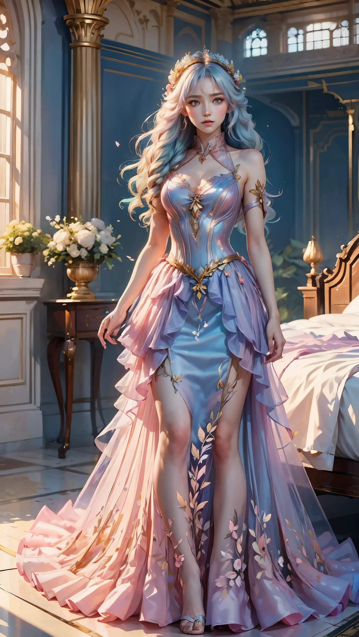 better quality, masterpiece, very high definition , RAW photo, beautiful and aesthetic , deep shadow, fairy theme ,( ultra detailed :1.3),
1girl, dynamic pose , wreath of flowers, drill hair, long hair, blonde hair , Gradient hair , yellow eyes, One, , Big Hair, blue hair, divine goddess , Looking at the viewer , indoors, double bedroom, empress bed , room, full of curtains , astrea , full body, pink dress, fairy dress , transparent dress,