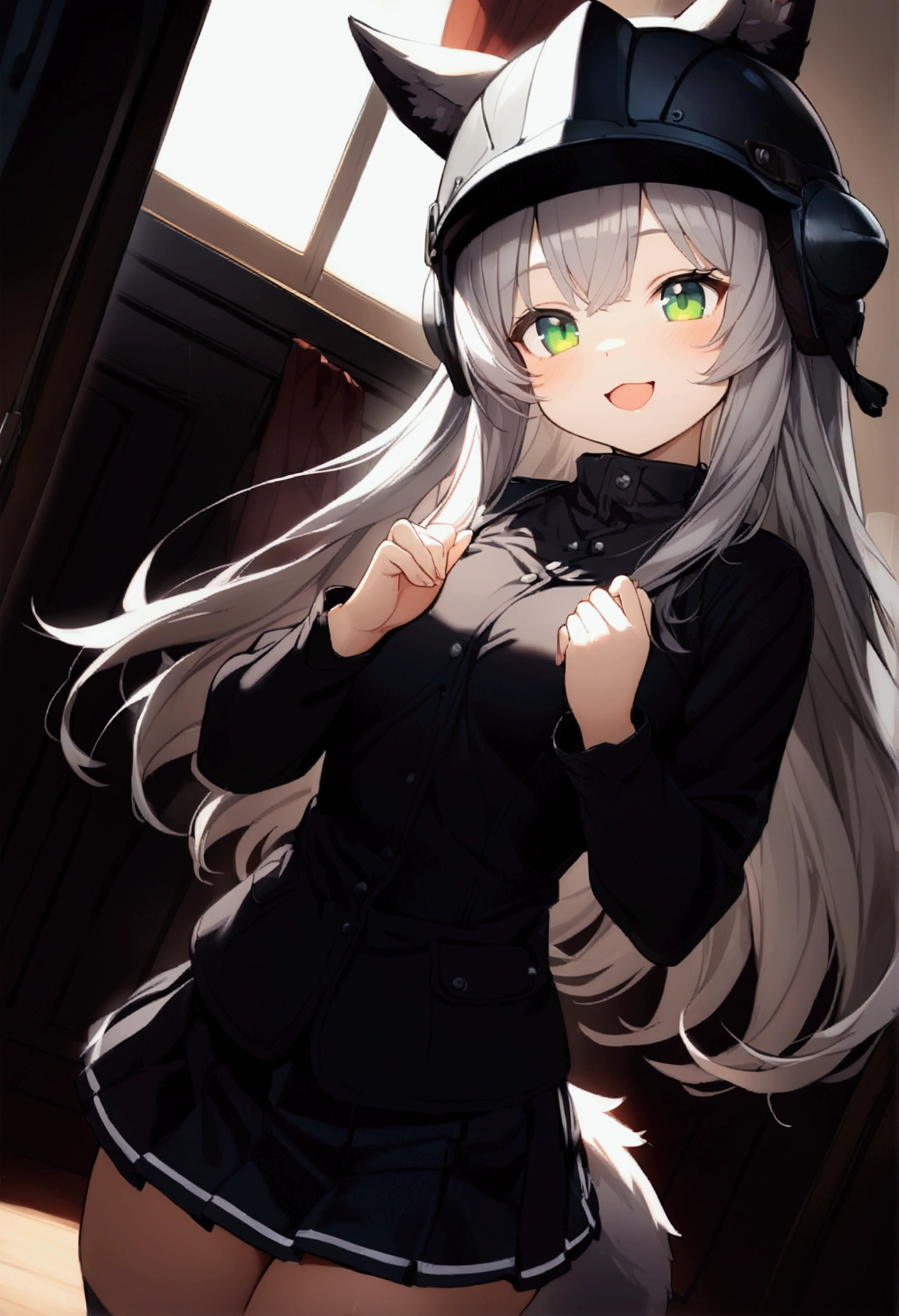 1 girl 、cute、green eyes,Gray Hair,Long Hair,  furry  ,Animal ears,helmet,Tail,  Mini Pleated Skirt  , masterpiece、Noise Reduction、 Perfect Anatomy、 High Resolution 、Super detailed、Game CG、 Dutch angle、  BEAUTIFUL DETAILS  、Visual Arts、Perfect hands、 perfect lighting、steam、smile、 open your mouth、Bedroom、