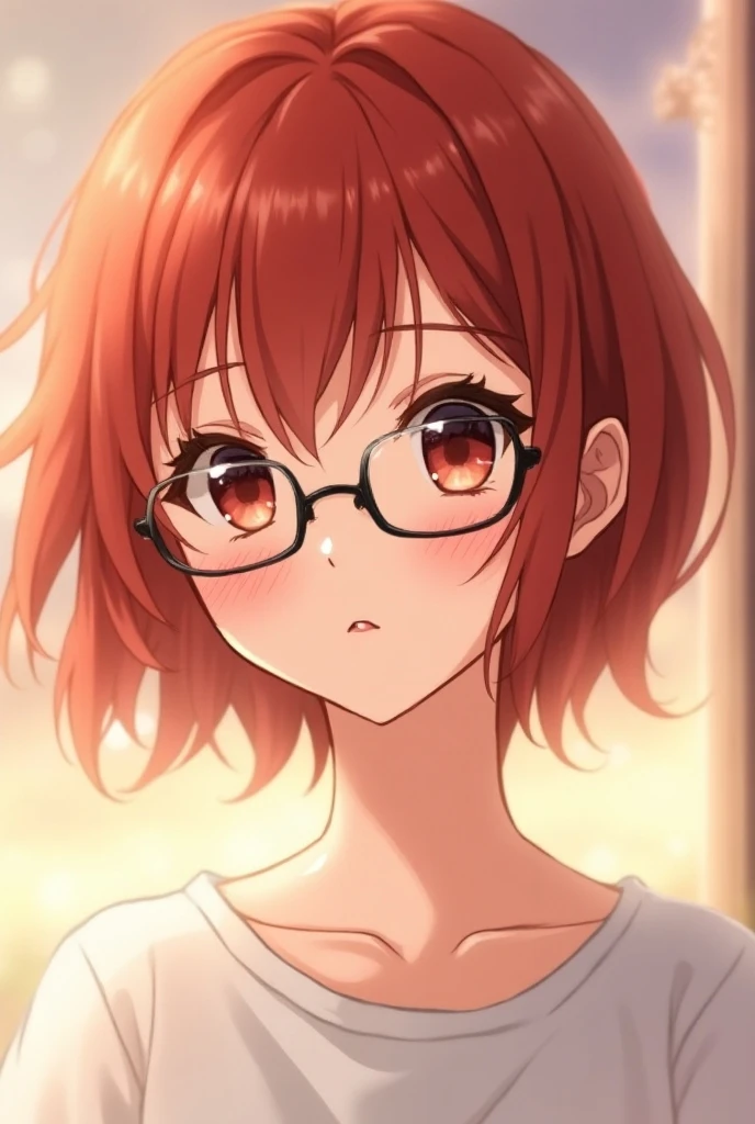 best quality, masterpiece, stoic, satchel, upper body, close up, from above, Gray eyes, dark red hair, swept bangs, low twin tails, white ribbons, strapless white shirt, glasses, jeans, small breasts, arms crossed, head tilt, toned arms, hallway, college campus, steps, teal lockers, shadows, potted plants, people in background,
