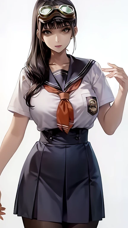 goggles, 
(school uniform:1.28),
lady,mature female, cowboy shot,
(white background, simple background:1.18),
highres,official art,original,masterpiece,best quality,
(large breasts),
 