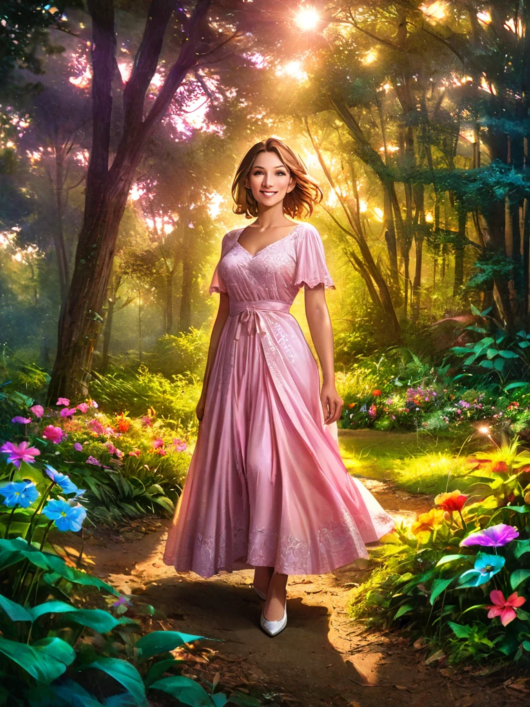  a beautiful forest at daybreak, Idyllic, magical, majestic, epic light, 8k, chubby mature,  detailed face ,  detailed eyes , detailed lips, Long eyelashes, beautiful dress, cheerful expression, lush foliage , colorful flowers,  sunbeams,  Photorealistic , cinematic, warm colors,  dramatic lighting background,  intricate details,  full body shot , 