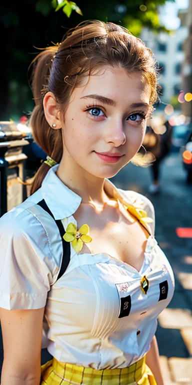 Photo of a  European girl, .RAW, beautiful woman, (Light brown hair with ponytail hairstyle holding hair with yellow ribbon) Light brown hair, ponytail and a yellow ribbon, freckles on cheeks , blue eyes , lindos blue eyes, Nice smile  ,((portrait)), ((detailed face:1.2)), ((detailed facial features)), (finely detailed skin), Pale skin,park, london ferris wheel、white short sleeve shirt with a rose  , medium breasts , yellow skirt with checkered images , yellow skirt with plaid patterns, Black loafers , long white socks 、a sexy one(cool color), humid, humid, Reflectors, (Tabletop) (perfect proportions)(Realistic photos)(The best quality) (detailed) photographed with a Canon EOS R5, 50mm lens, f/2.8, NffSW, (8k) (wallpaper) (cinematic lighting) (Dramatic lighting) (sharp focus) (Convoluted) , modelo adolescente 16 años , pecas en la cara , alegre