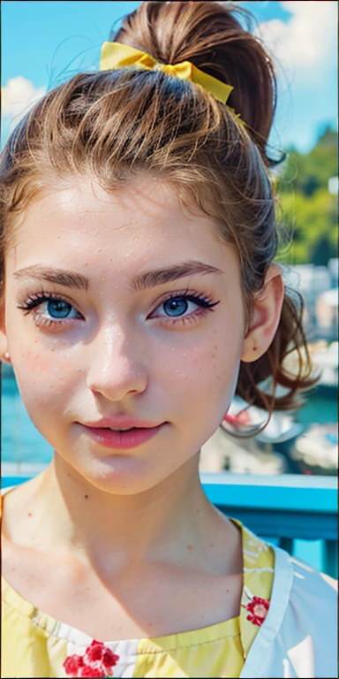 Photo of a  European girl, .RAW, beautiful woman, (Light brown hair with ponytail hairstyle holding hair with yellow ribbon) Light brown hair, ponytail and a yellow ribbon, freckles on cheeks , blue eyes , lindos blue eyes, Nice smile  ,((portrait)), ((detailed face:1.2)), ((detailed facial features)), (finely detailed skin), Pale skin,park, london ferris wheel、white short sleeve shirt with a rose  , medium breasts , yellow skirt with checkered images , yellow skirt with plaid patterns, Black loafers , long white socks 、a sexy one(cool color), humid, humid, Reflectors, (Tabletop) (perfect proportions)(Realistic photos)(The best quality) (detailed) photographed with a Canon EOS R5, 50mm lens, f/2.8, NffSW, (8k) (wallpaper) (cinematic lighting) (Dramatic lighting) (sharp focus) (Convoluted) , modelo adolescente  años , pecas en la cara , alegre