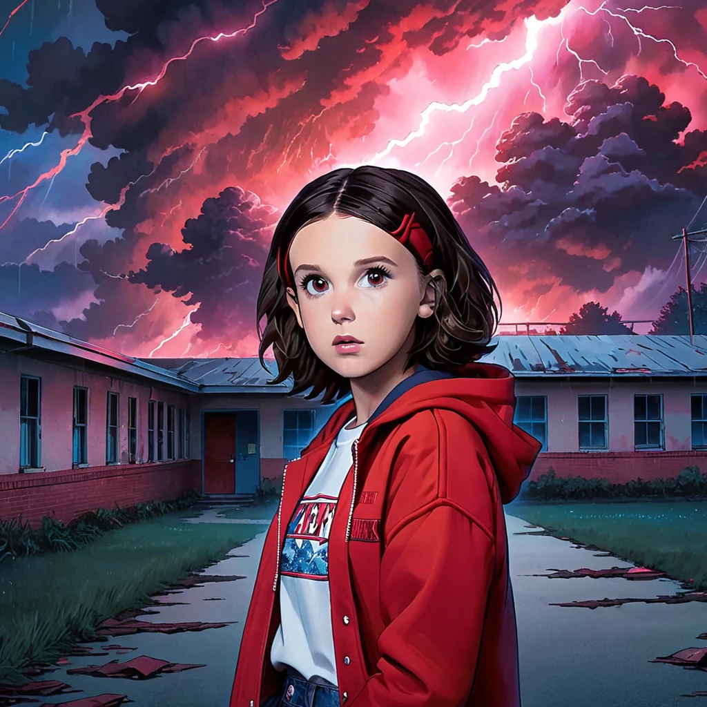 milli3 woman, millie bobby brown, stranger things, 1 girl wearing a jacket and a red hoodie, netflix, eleven, standing outside of an abandoned school, watching a black cloud with red lightnings