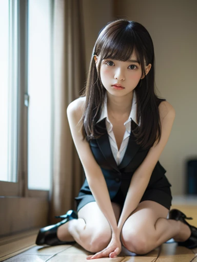 inside in room、 livingroom、 Sitting on a beige sofa and wearing a black suit。top-quality、masterpiece、(Realism:1.2)、 1 人、brown haired、Brown-eyed、frontage、A detailed face、beautidful eyes