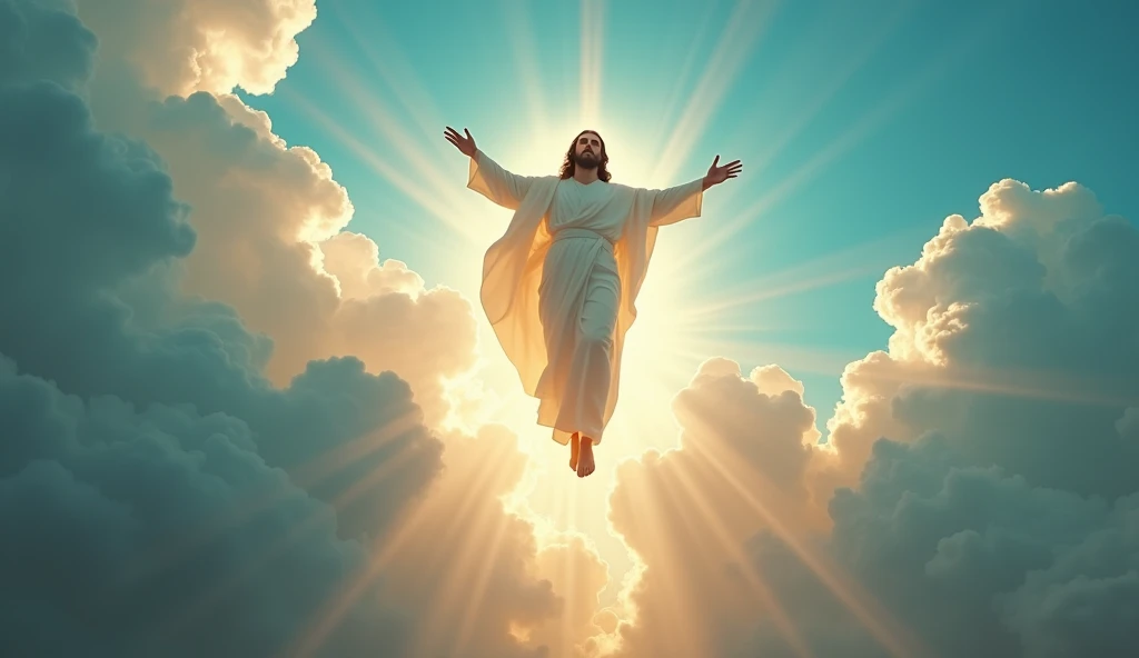 This image depicts a painting of Jesus Christ walking on water with his arms outstretched upwards worshiping heaven. The scene is peaceful, with clouds in the sky combining the colors sky blue and sunset orange and a sense of tranquility. The colors of the painting are mainly earth tones, with warm orange accents.Bird's-eye view:, Nikon D850 camera