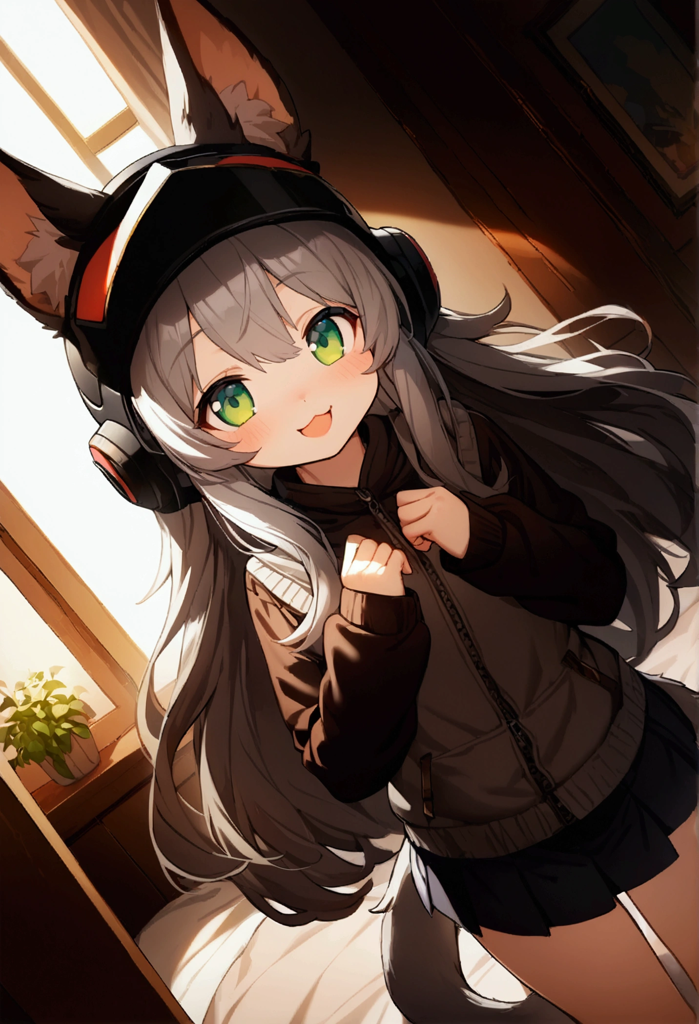 1 girl 、cute、green eyes,Gray Hair,Long Hair,  furry  ,Animal ears,helmet,Tail,  Mini Pleated Skirt  , masterpiece、Noise Reduction、 Perfect Anatomy、 High Resolution 、Super detailed、Game CG、 Dutch angle、  BEAUTIFUL DETAILS  、Visual Arts、Perfect hands、 perfect lighting、steam、smile、 open your mouth、Bedroom、