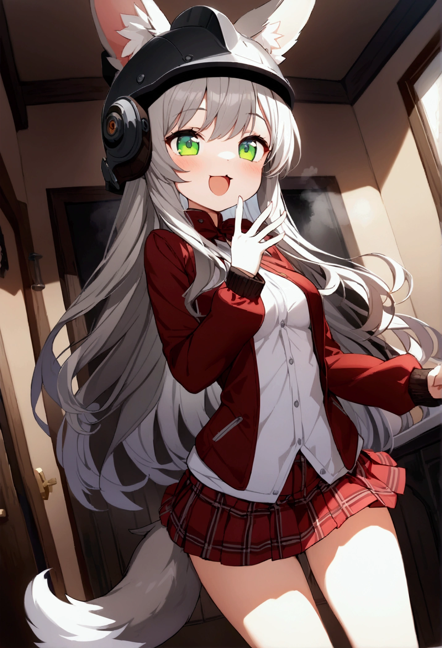 1 girl 、cute、green eyes,Gray Hair,Long Hair,  furry  ,Animal ears,helmet,Tail,  Mini Pleated Skirt  , masterpiece、Noise Reduction、 Perfect Anatomy、 High Resolution 、Super detailed、Game CG、 Dutch angle、  BEAUTIFUL DETAILS  、Visual Arts、Perfect hands、 perfect lighting、steam、smile、 open your mouth、Bedroom、