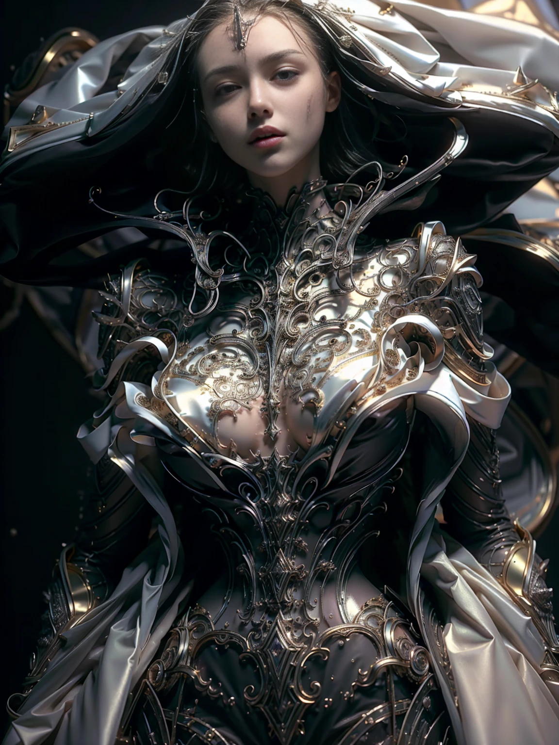  girl with futuristic mechanical armor in black and with gold metallic details,    body image of legs upwards   , open legs,   very thick vagina showing  ,   thick and muscular legs and arms  ,   big breasts,   semi-mechanical semi-human design  , Korean girl's face  ,  spectacular lower angle  ,   Film lighting  ,   intricate and highly detailed mechanical details . ., sharp focus,    photorealistic hoodie    , 8K,   masterpiece,    Very detailed and well-defined face  .,