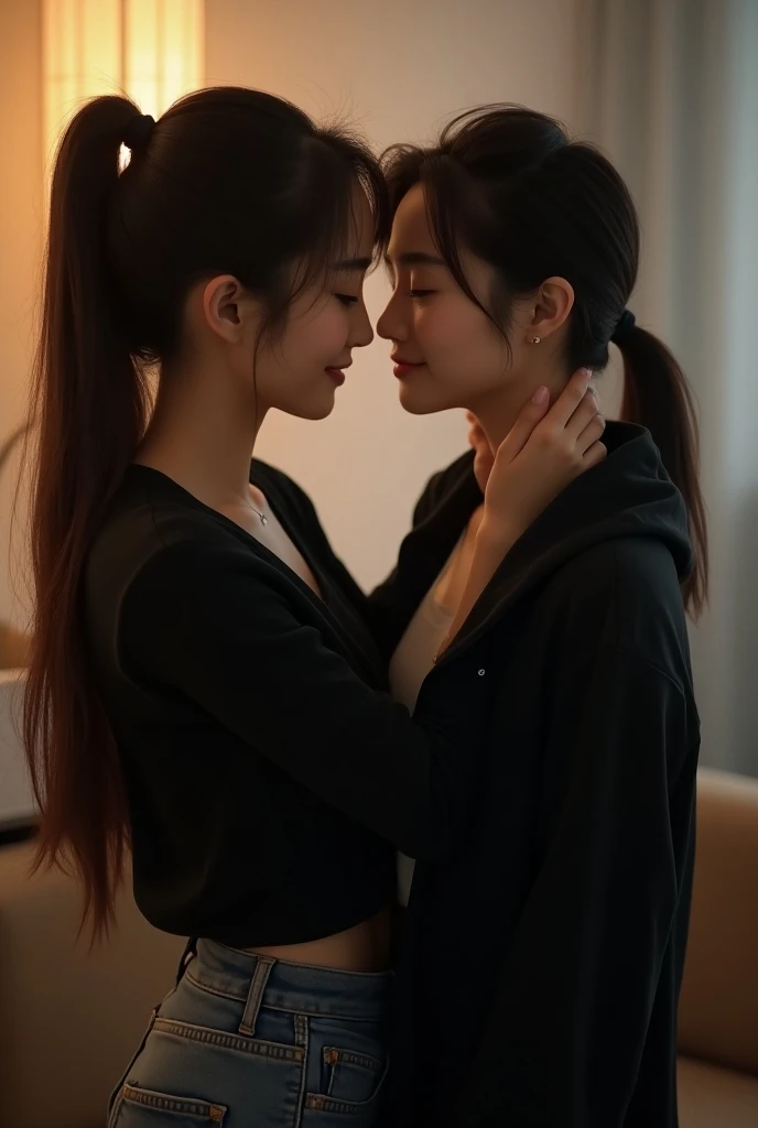 (Obra-prima: 1.4), duas s latinas, cabelos escuros, beijos, sticking your tongue, troca de saliva, Teary, cuecas, wistful expression, pele molhada de suor, cueca molhada, sexual excitement
