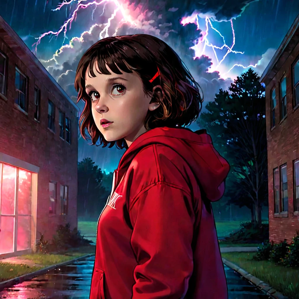 milli3 woman, millie bobby brown, stranger things, 1 girl wearing a jacket and a red hoodie, netflix, eleven, standing outside of an abandoned school, watching a black cloud with red lightnings