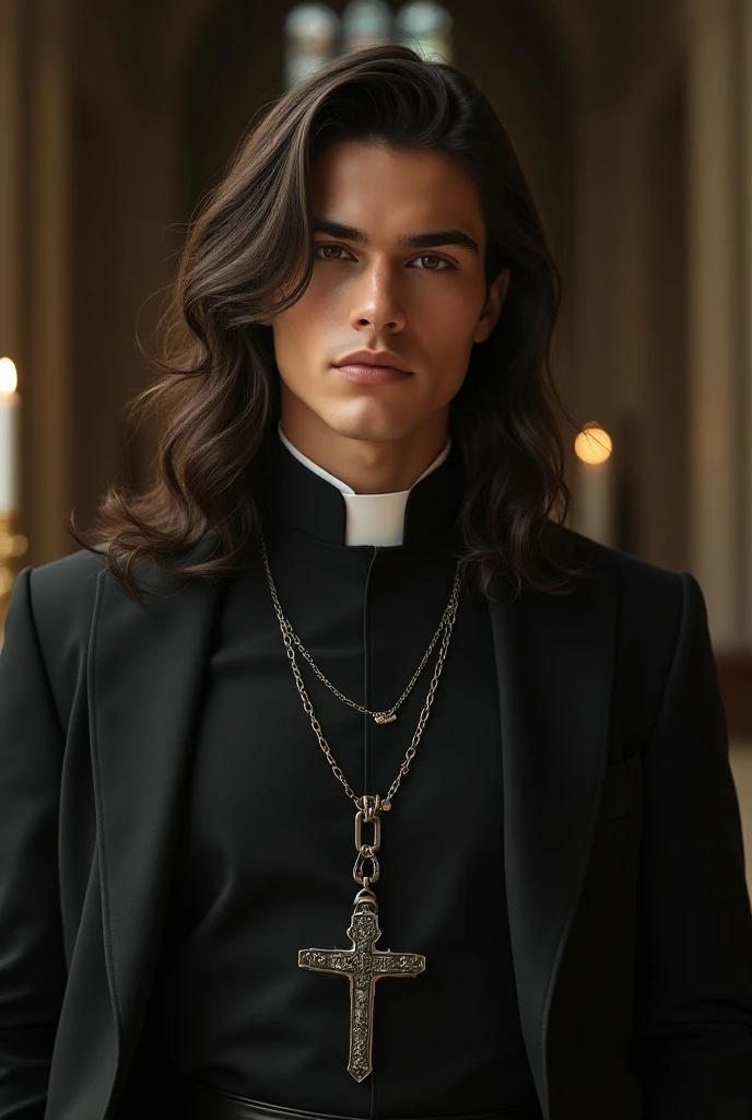 White blond Roman man, in black and gold noble robe/suit and black handled digital art A photograph capturing a surrealistic vision: (highest quality: 1.3), Tyler Posey + Adam face, mystical beauty detailing face, with Lucifer O devil's horn is cupid is beautiful like Eros erotic, villain look is cherubic is mischievous In Love Action photography, 25 year old handsome supermodel, the beautiful archangel with devil's horn. the background is fire sparks. Michael-style priest clothes, sexy and muscular 55 years old, lots and lots of hair on the chest, small one-day beard, hairy on the bottom; highly detailed skin, 8k hd skin pores, DSLR, lighting, high quality, film grain Leaving you looking scary. dark veins showing through pale skin, eyes like fire. victorious sexy. A seductive expression on his face, he is surrounded by outstretched human skulls, stained glass windows inside a gothic church, background of cold lights, intricate details, muscles, looking at the viewer, perspective view, Ultra HD, 64 mil, unreal. (highly detailed skin), (detailed face), detailed background, dark lighting, twilight lighting, volumetric lighting, intricate details, Ultra HD rich Muscular body, large pecs, tall, dominant, no sexy provocative clothing.