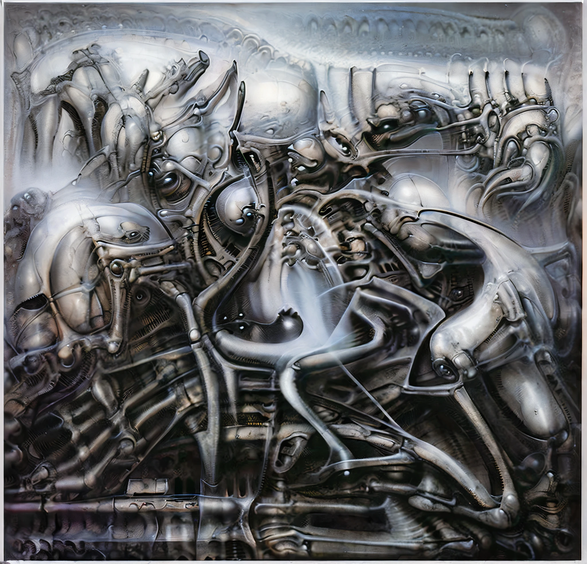 The image is a detailed view of H.R. Giger's biomechanical tableau \" Landscape XVI \" plate, featuring.
(airbrush painting, Giger's alien in front of broken alien ship in landscape, natural light, sharp focus, illustration, highly detailed, digital painting, concept art, matte, art by gric and kozhanov and moebius and Alphonse Mucha, masterpiece, HDR ,UHD , uplight, in HRGigerArhP style);1.
surrealistic painting of a monster with multiple tentacles and a body that looks like a brain, surrounded by a chaotic scene of swirling clouds and other monsters
It's a complex network of bones and organs in eldritch color scheme:a greenish-brown hue ,swirling gery and brown colors. The artwork is silverish and green brown, with an ivory bones prominently displayed. The image is highly detailed and intricate, almost like a 3d version of a medical sketchwork.
The piece is a tableau, most likely created with a India ink pen or pencil on paper, determined by the thin lines, shading techniques, and the texture of the paper, which is visible around the edges.
Used is pen, given the shading and variations in line weight visible in the image. Artist have used a variety of stylus with different degrees of hardness to achieve the shading effects.
The use of undersaturated green-grays dark contrasts creates a stark and graphic look. Is used a variety of linework techniques to create different textures. Fine, parallel lines create a smooth, metallic texture,while thicker, more cursive lines suggest cables or wires.
Light source from the top highlights skeletals, pper part of foreground, lower part of image is in shadowupper part of foreground, lower part of image is in shadow.
The art performance showcases the artist’s skills in observation and rendering. The level of detail in the piece suggests a close study of real bone specimens and mechanics. The artist has skillfully used shading techniques to create a convincing illusion of three-dimensionality on a flat surface. The wrinkles