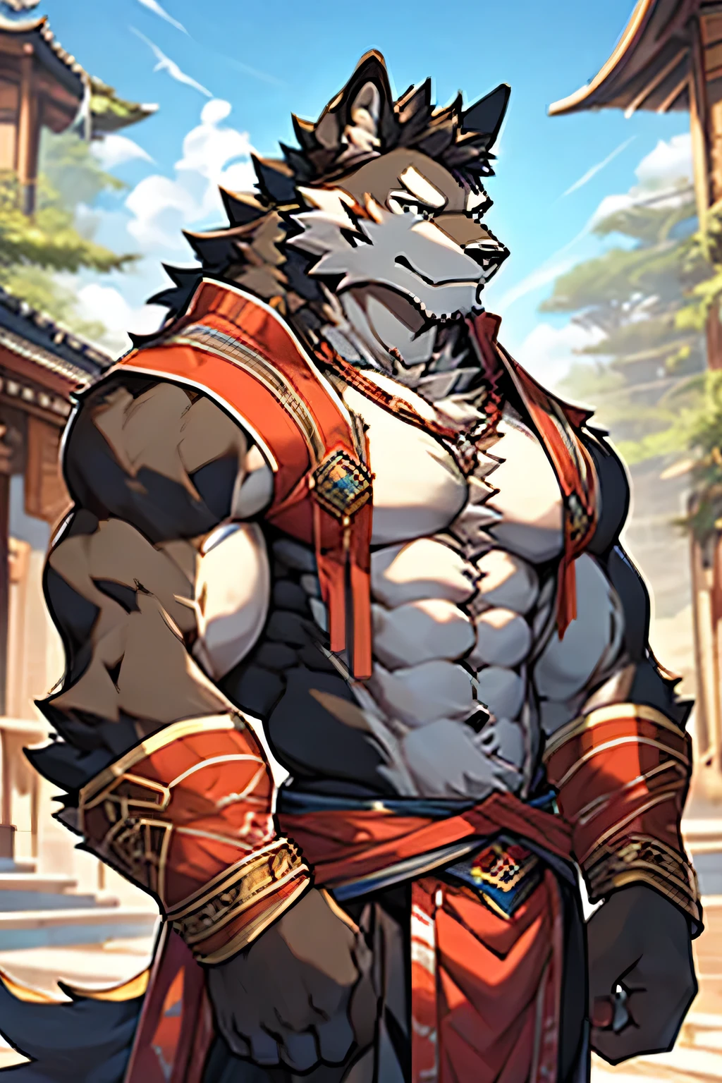 high resolution, sanctuary, under a sakura tree, lonely, white body, white ears, white hair, white general, yellow-orange eyes, wolf tail, wolf orcs, Shiji divine wolf, young, naked, penis, ultra clear screen, soft lines