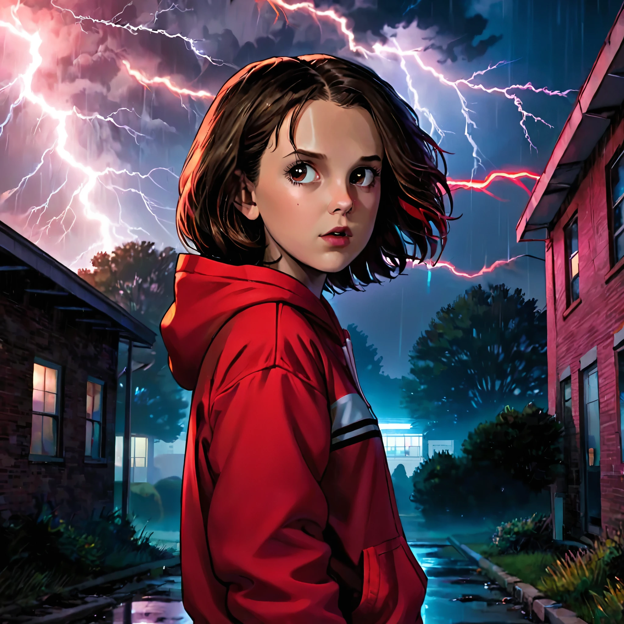 milli3 woman, millie bobby brown, stranger things, 1 girl wearing a jacket and a red hoodie, netflix, eleven, standing outside of an abandoned school, watching a black cloud with red lightnings