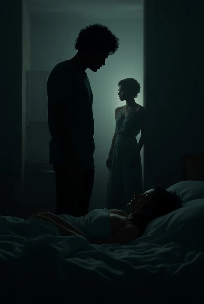 A man dressed casually, He enters his wife&#39;s room, a beautiful young blonde european woman, and notices that she is lying face down on the ground and oil is coming out of her mouth, When he turns around there is another naked woman identical to his wife standing motionless at the door ,Hyper-realistic image quality
