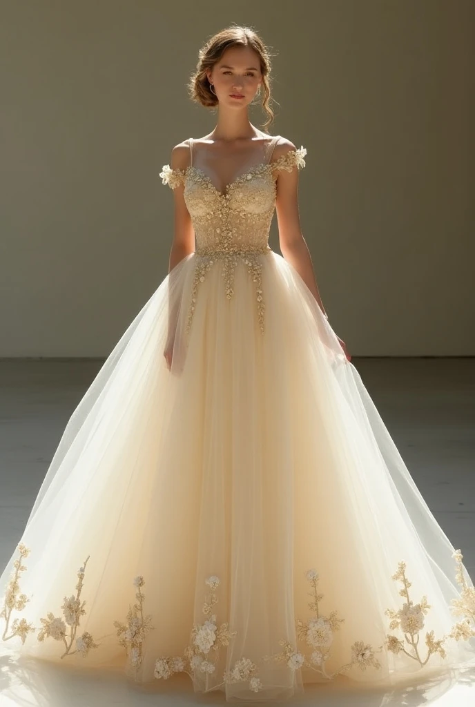 A dress This one is a simple, elegant style, with a scoop neckline and a fitted bodice. The skirt is made of layered tulle, giving it a soft, floaty appearance. The dress is a beautiful shade of champagne that glows slightly under the light.*