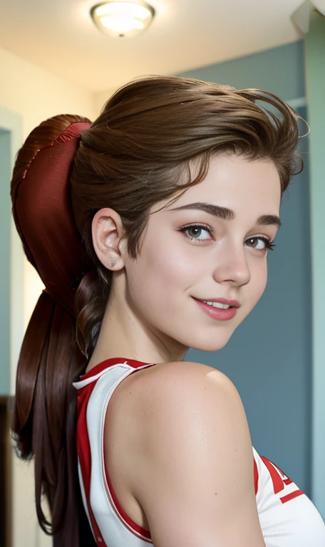 Photo of a 14 year-old american girl, .RAW, beautiful teenage girl, (long brown hair with ponytail), light brown hair ponytail hairstyle((portrait)), ((detailed face:1.2)), (( Detailed facial features )), ( finely detailed skin)  , (Masutepiece) (perfect proportions realistic photos)( The best quality ) (DETAILED)  taken with a Canon EOS R5, 50mm lens, f/2.8, nffsw, (8K) (wallpaper) (cinematic lighting) (dramatic lighting) (sharp focus) (Tangled) medium breasts , medium breasts , lots of freckles on cheeks and nose , freckles on chest, full body , beautiful body of a teenage girl,  nice makeup , big smile  , slim statuesque woman , baseball clothing , baseball uniform , foto de full body ,  ready to bat , Base bat Ball  